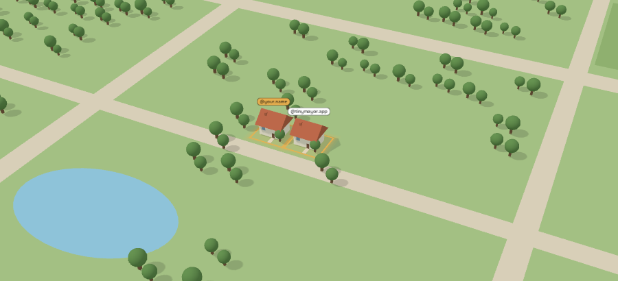 TinyMayor Town: houses on a meadow with forest and a lake